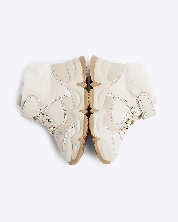 Mini girls cream faux fur cuff trainers