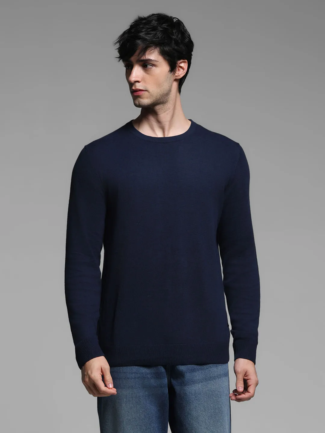 Navy Blue Flat Knit Pullover