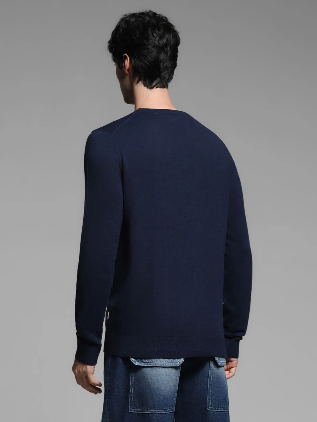 Navy Blue Flat Knit Pullover