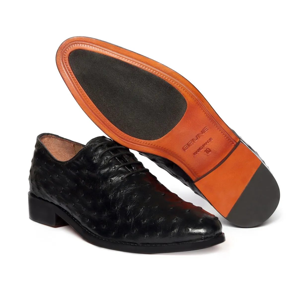 Oxford Leather Lace-Up Shoes in Black Real Ostrich Whole Cut/One-Piece