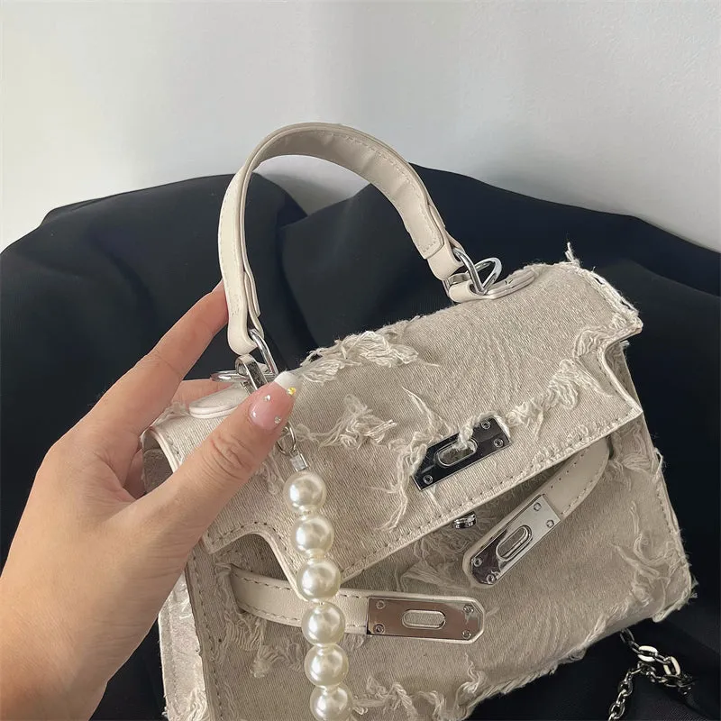 Paula Distressed Cloth Faux Leather Pearl Strap Handbag