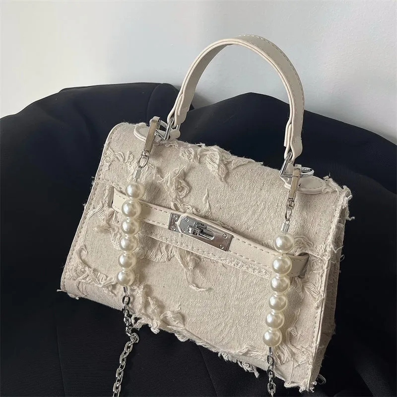 Paula Distressed Cloth Faux Leather Pearl Strap Handbag