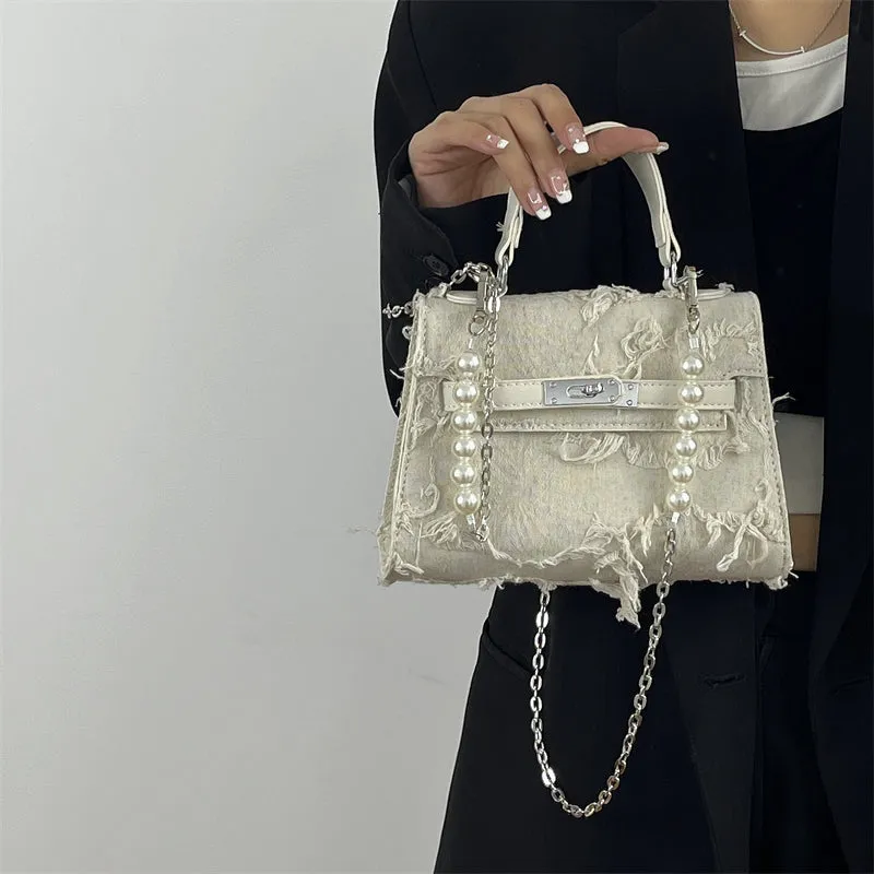 Paula Distressed Cloth Faux Leather Pearl Strap Handbag