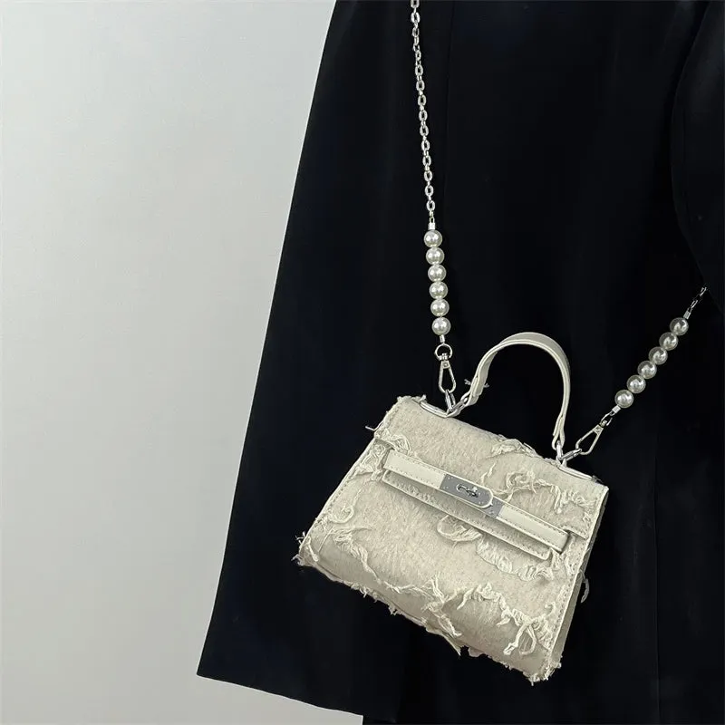 Paula Distressed Cloth Faux Leather Pearl Strap Handbag