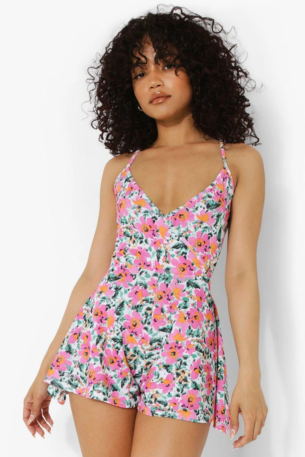 Petite Tropical Floral Cami Wrap Romper