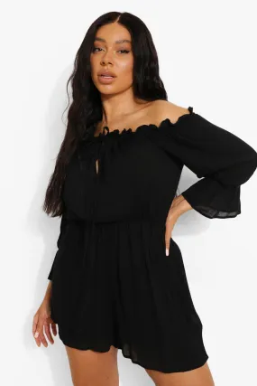 Plus Cheesecloth Off Shoulder Romper