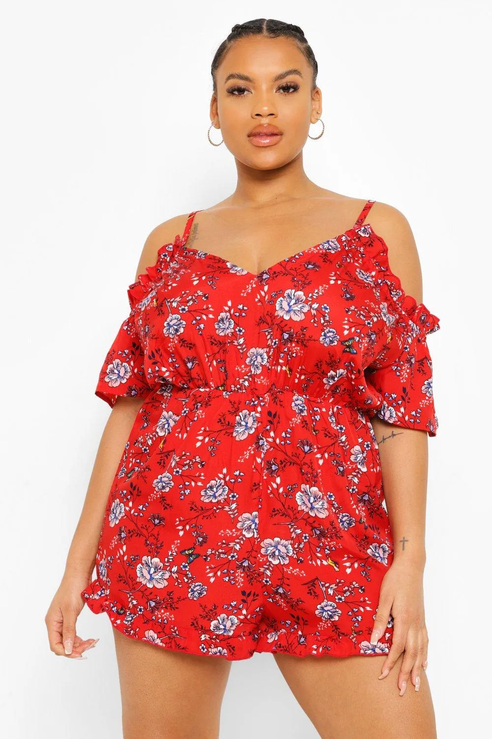 Plus Cold Shoulder Ruffle Floral Romper