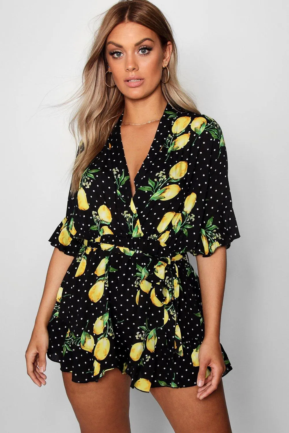 Plus Lemon Polka Dot Wrap Ruffle Romper