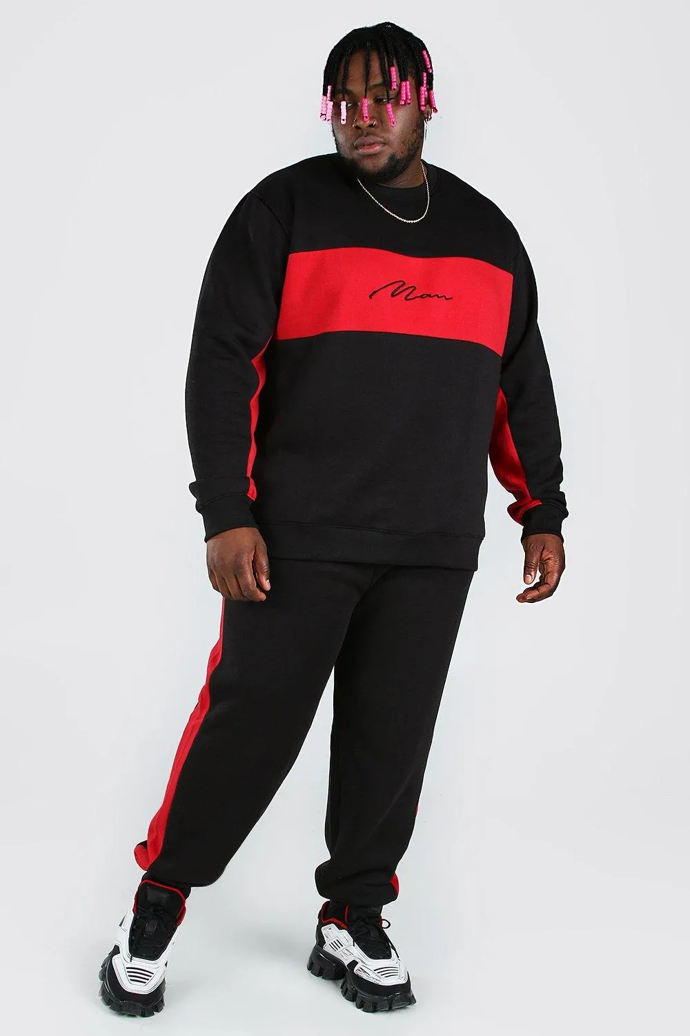 Plus Size MAN Colour Block Tracksuit | boohooMAN UK