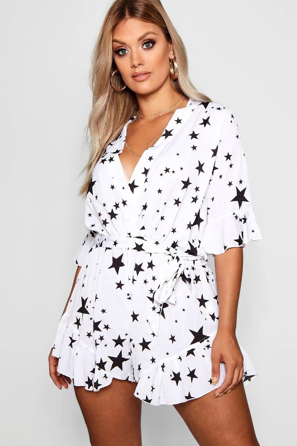 Plus Star Printed Ruffle Romper