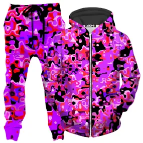 Purple Red and Black Rave Camo Melt Zip-Up Hoodie and Joggers Combo