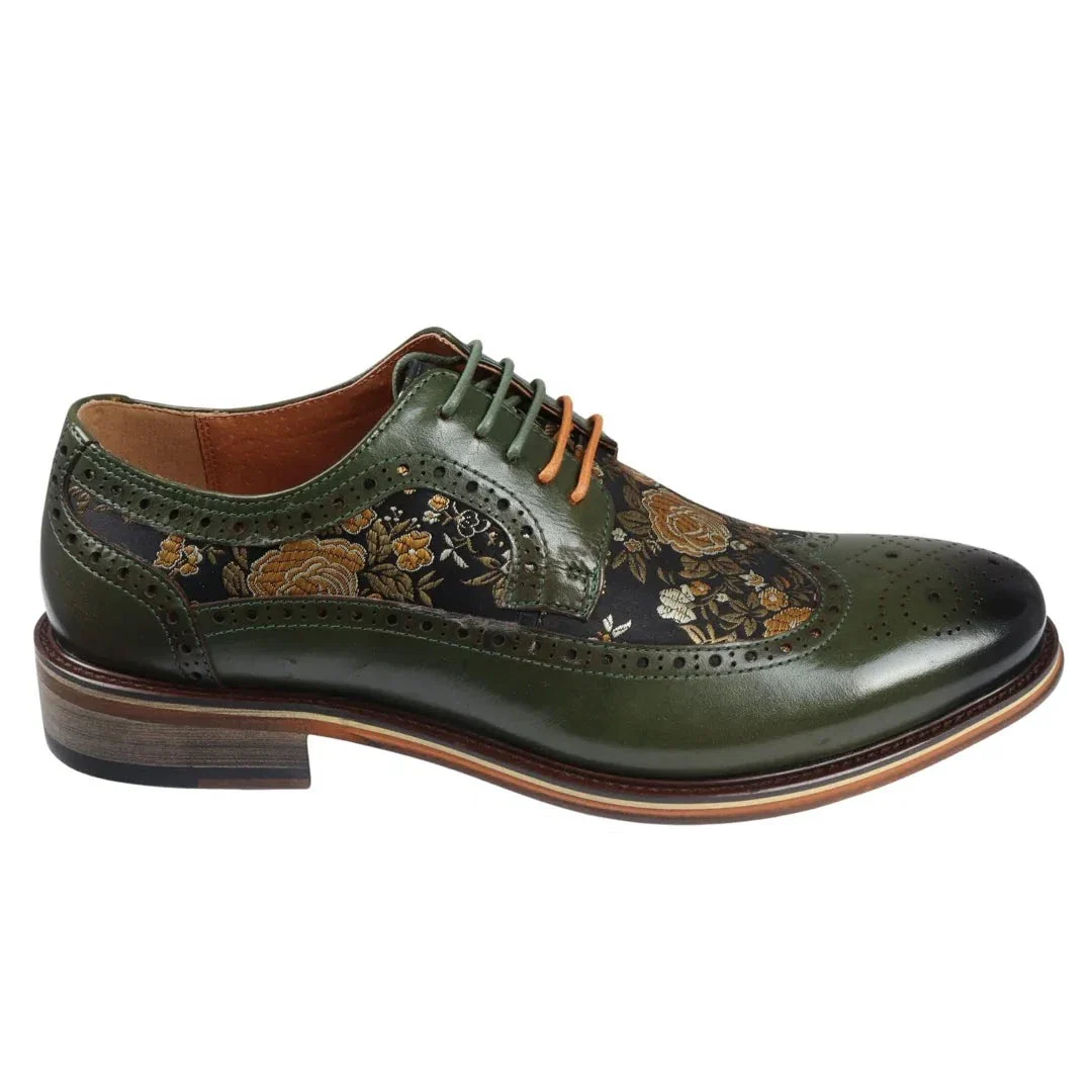 Ross - Men's Floral Print Leather Green Brogue Shoes