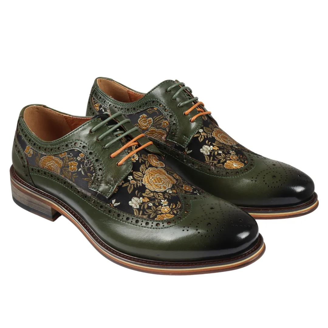 Ross - Men's Floral Print Leather Green Brogue Shoes