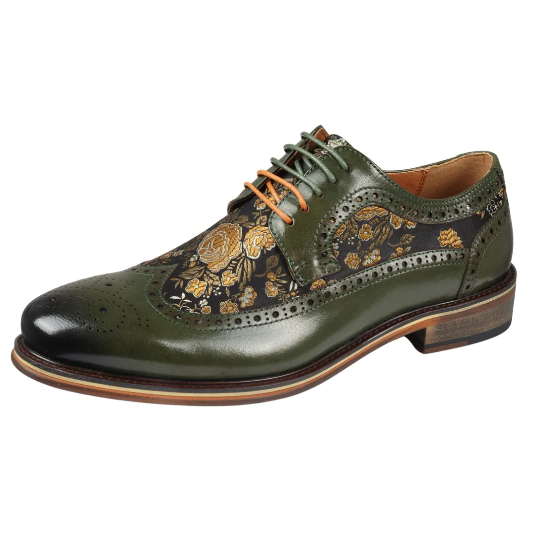 Ross - Men's Floral Print Leather Green Brogue Shoes