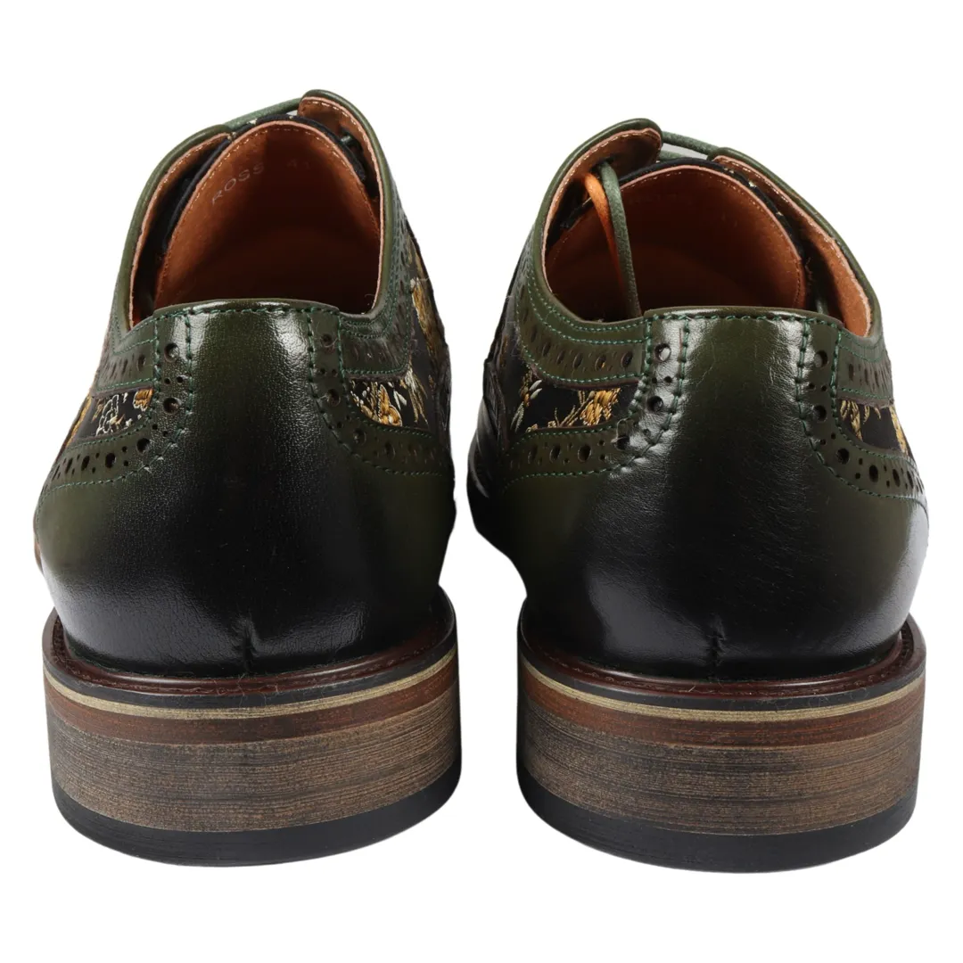 Ross - Men's Floral Print Leather Green Brogue Shoes