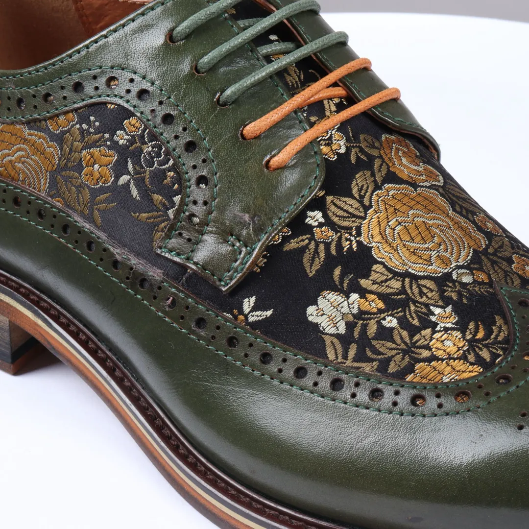 Ross - Men's Floral Print Leather Green Brogue Shoes