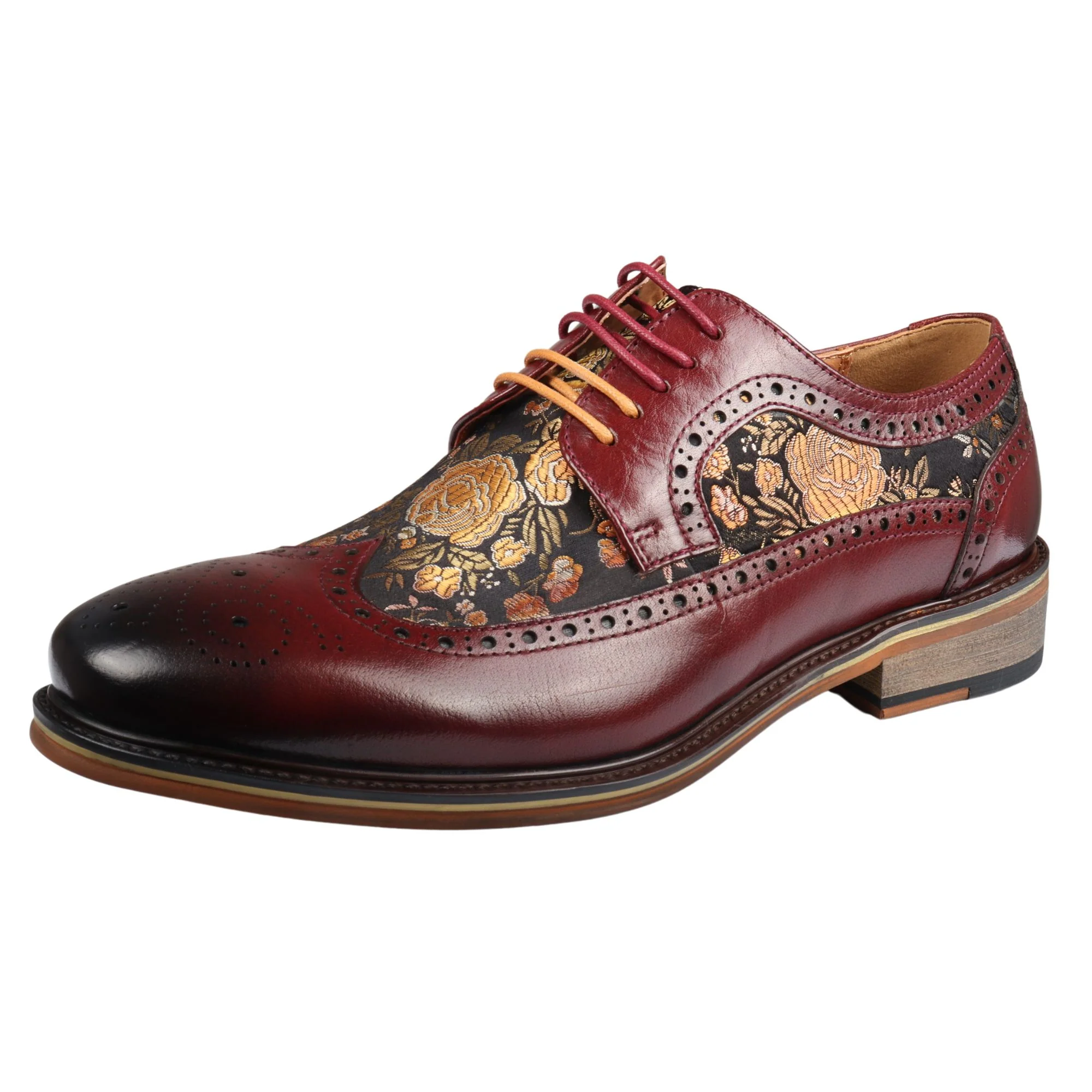 Ross - Men's Floral Print Leather Red Brogue Shoes