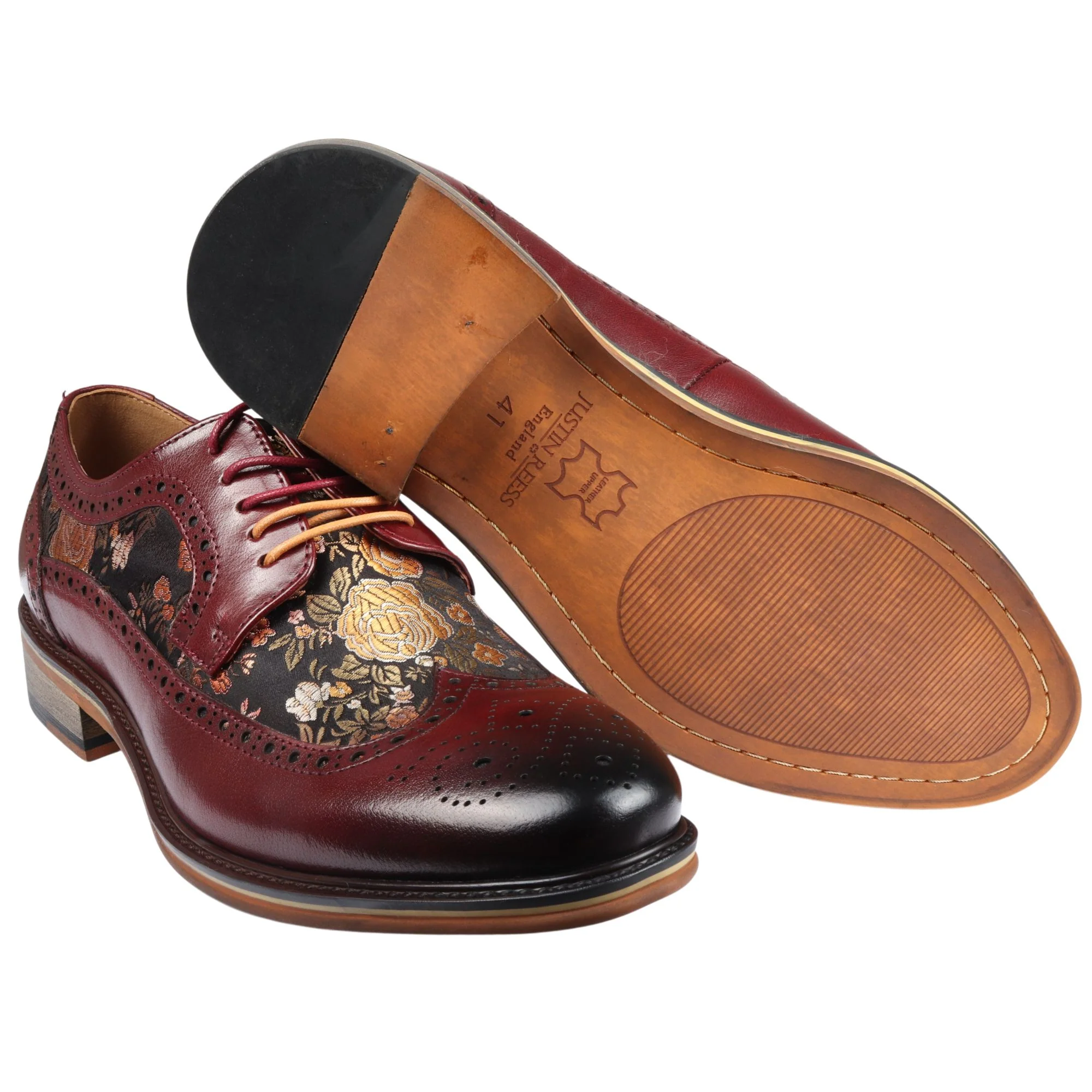 Ross - Men's Floral Print Leather Red Brogue Shoes