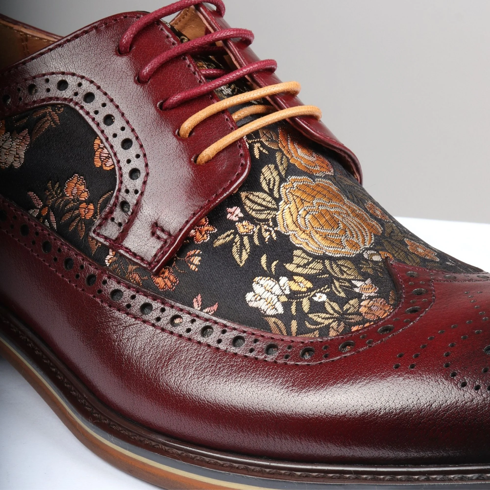 Ross - Men's Floral Print Leather Red Brogue Shoes