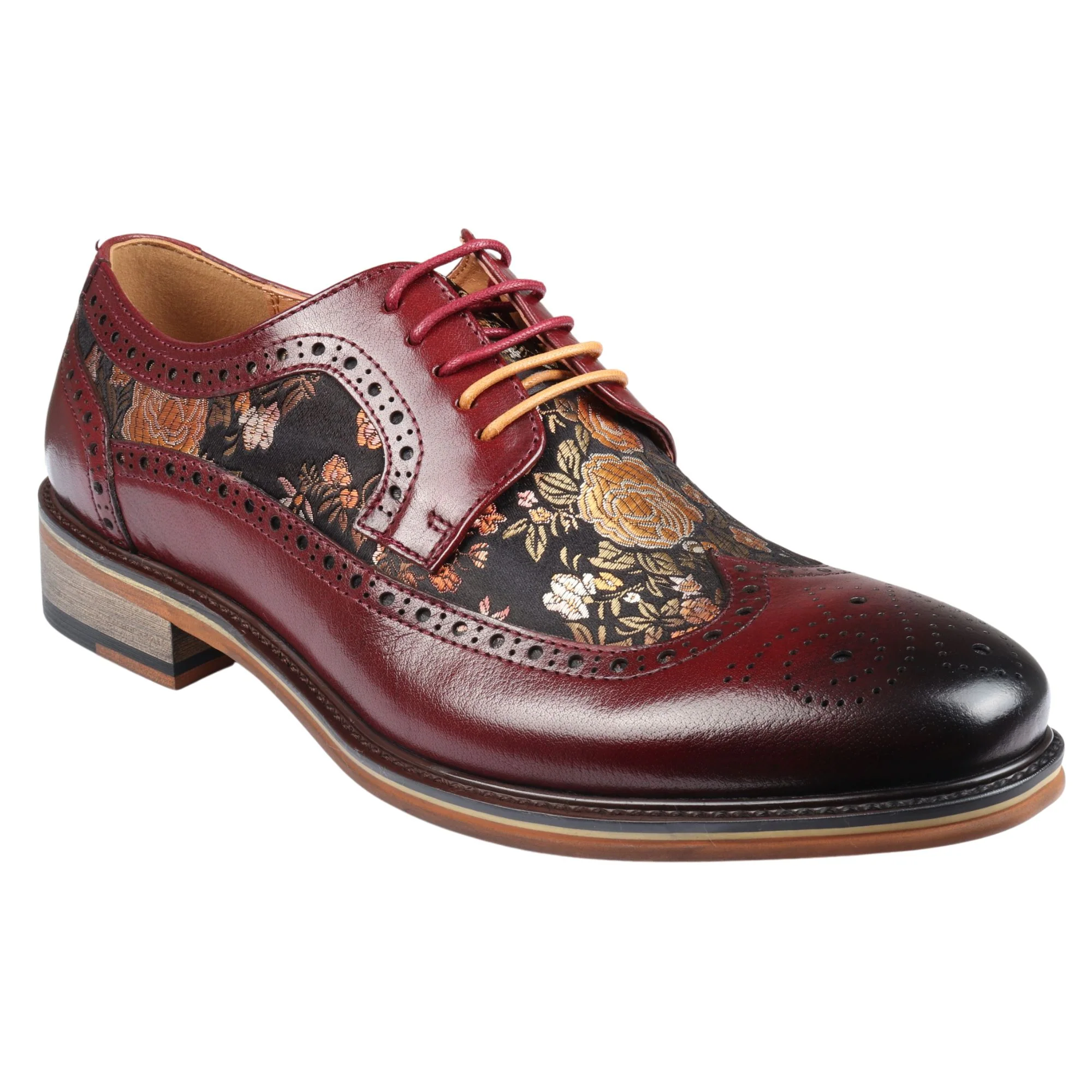 Ross - Men's Floral Print Leather Red Brogue Shoes