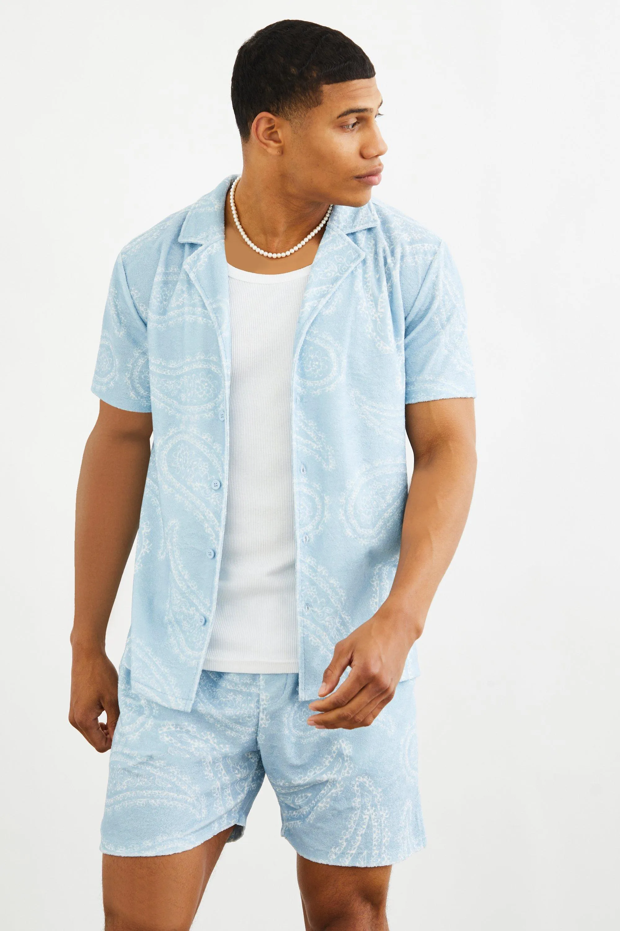 Short Sleeve Towelling Shirt And Short Set | boohooMAN UK