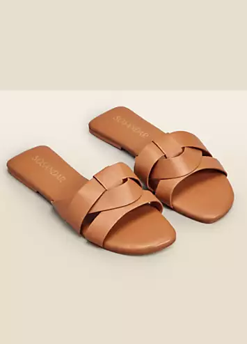 Sosandar Amore Tan Leather Cross Strap Flat Mule Sandals | Grattan