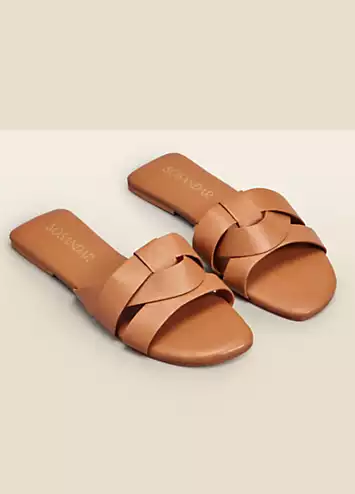 Sosandar Amore Tan Leather Cross Strap Flat Mule Sandals | Grattan