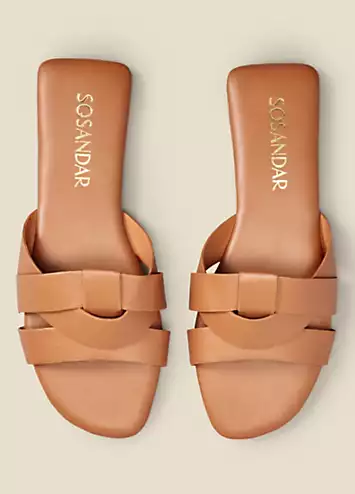 Sosandar Amore Tan Leather Cross Strap Flat Mule Sandals | Grattan