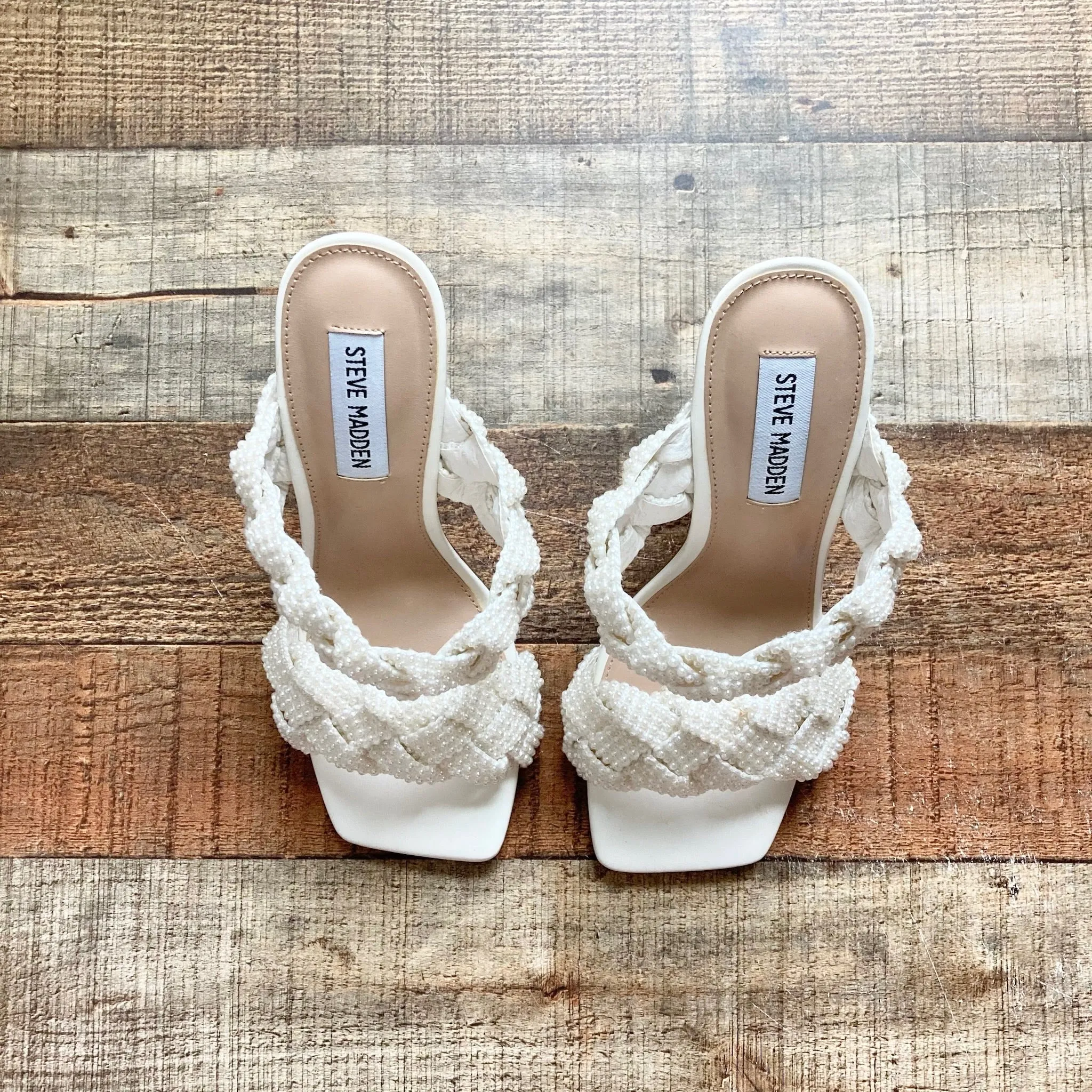 Steve Madden Ivory Double Strap Pearl Heeled Sandals- Size 7.5