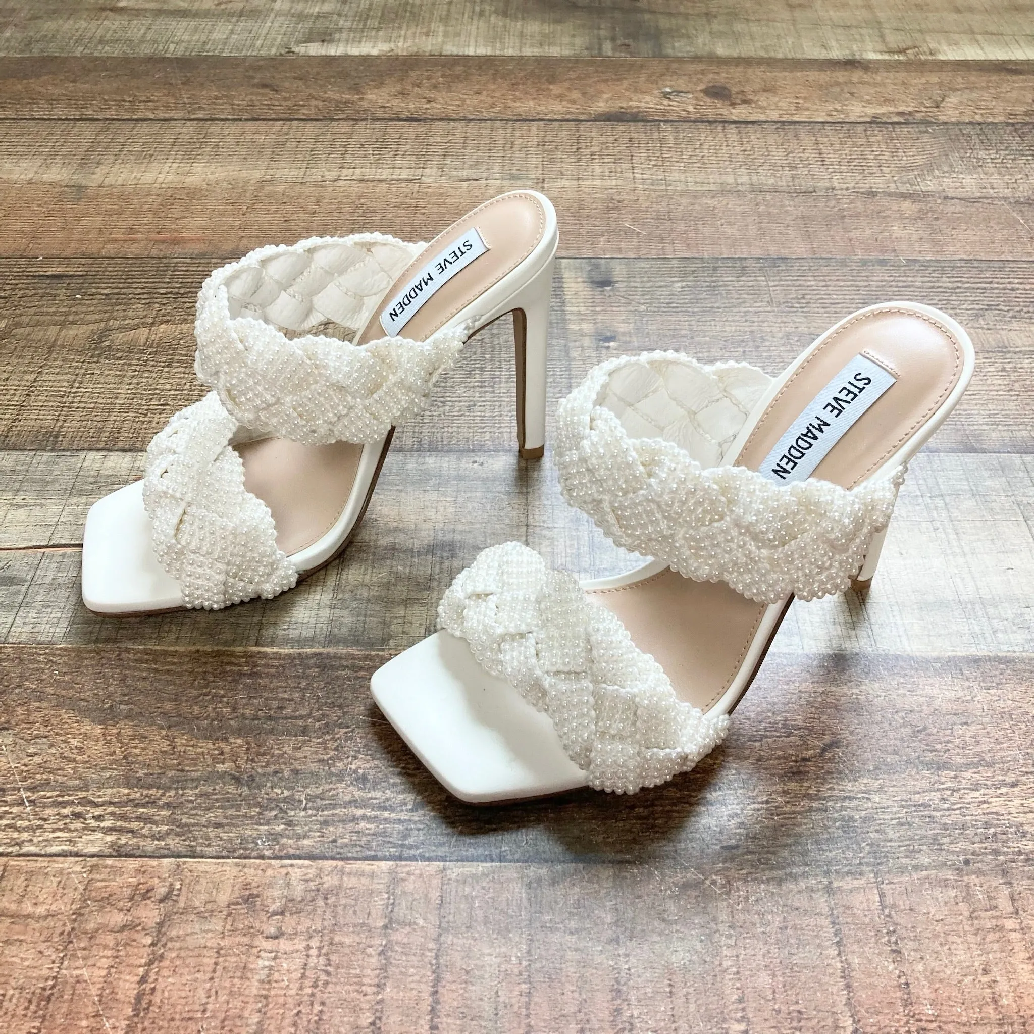 Steve Madden Ivory Double Strap Pearl Heeled Sandals- Size 7.5