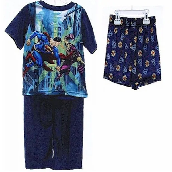 Superman Boy's Navy Short Sleeve Sleepwear 3-Piece Pajama Set