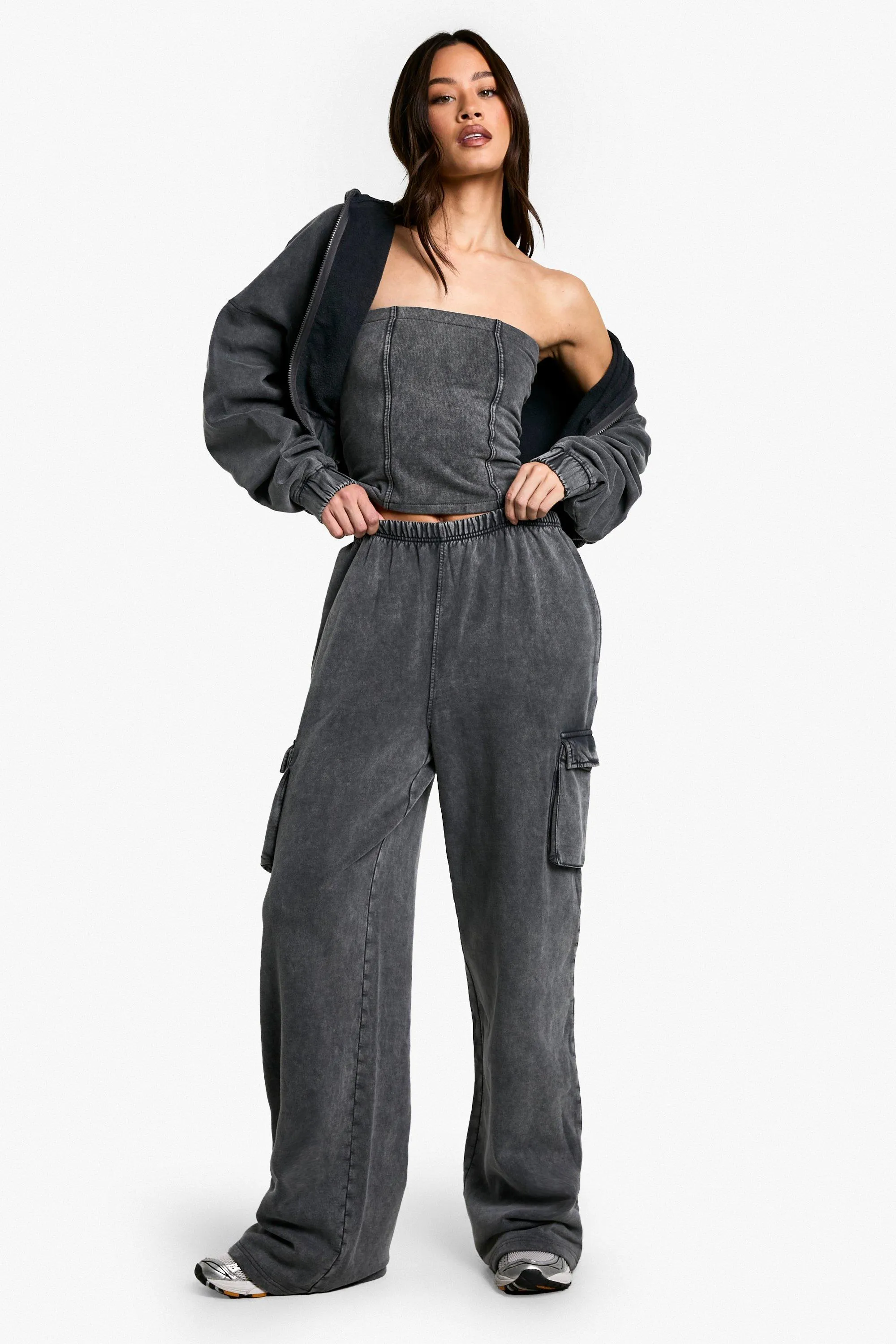 Tall Acid Wash Corset Top Hooded 3 Piece Tracksuit