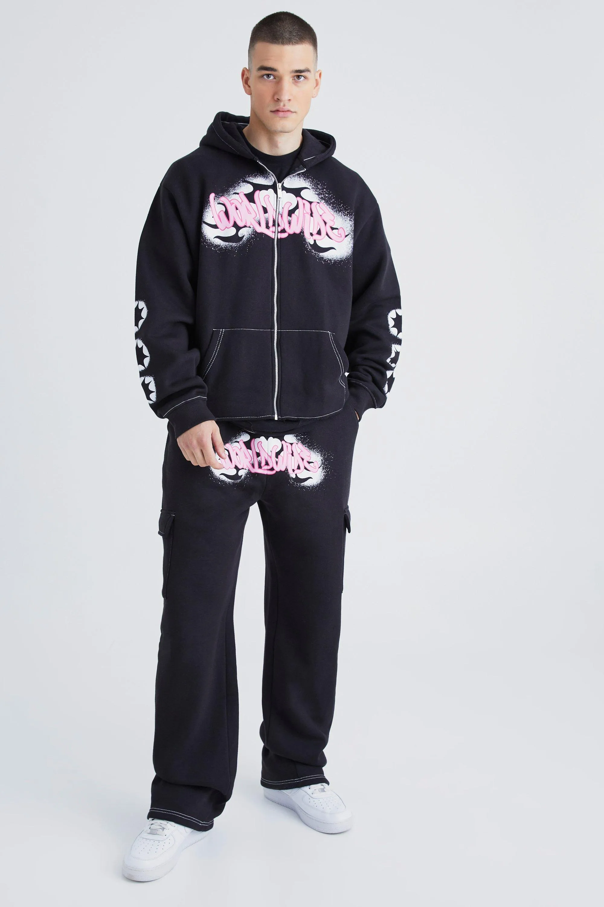 Tall Boxy Worldwide Graffiti Cargo Tracksuit | boohooMAN UK