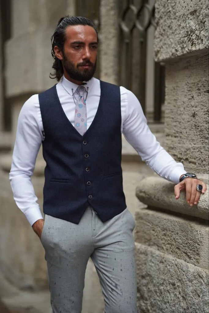 Thread Slim Fit Plaid Dark Blue Vest