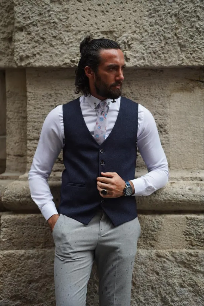 Thread Slim Fit Plaid Dark Blue Vest