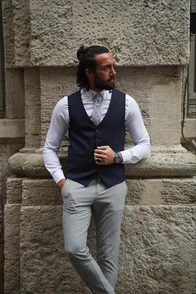 Thread Slim Fit Plaid Dark Blue Vest