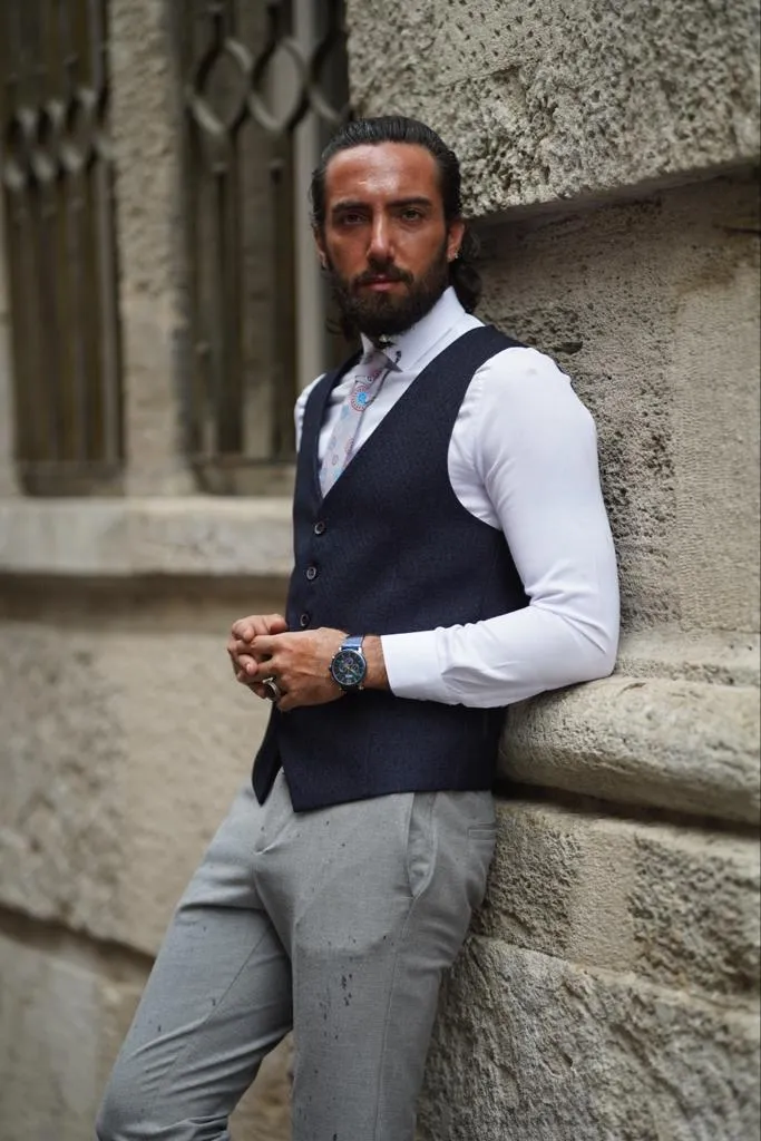 Thread Slim Fit Plaid Dark Blue Vest