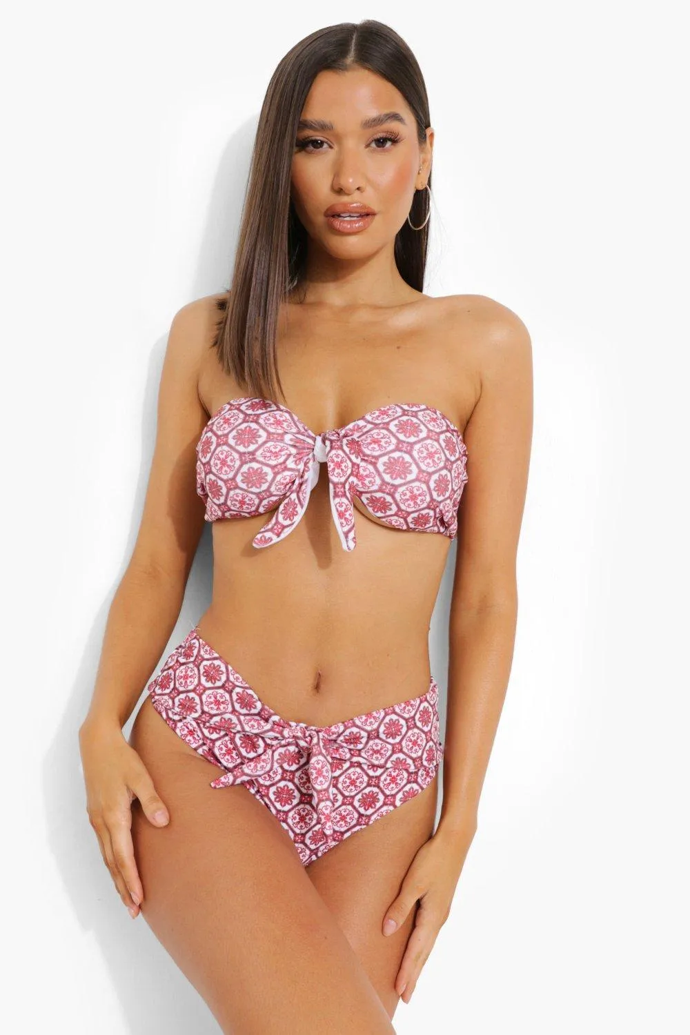 Tile Print Tie Front Bikini Set