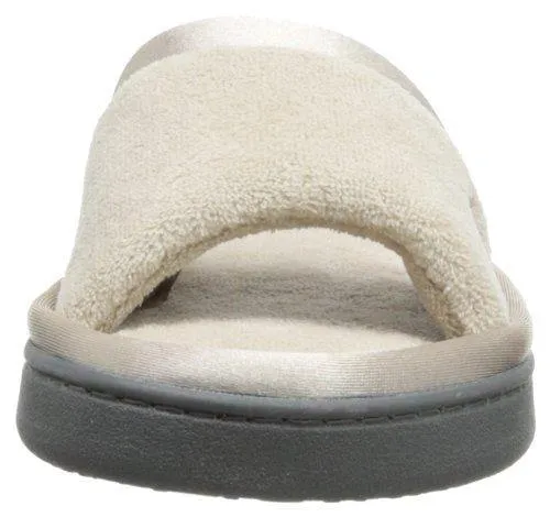 Totes isotoner Women's Microterry Slide Slipper with Satin Trim, Stone, 6.5/7