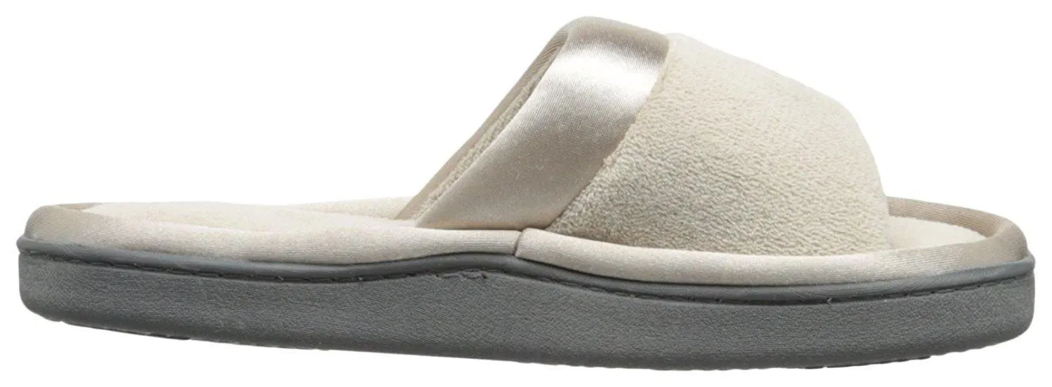 Totes isotoner Women's Microterry Slide Slipper with Satin Trim, Stone, 6.5/7