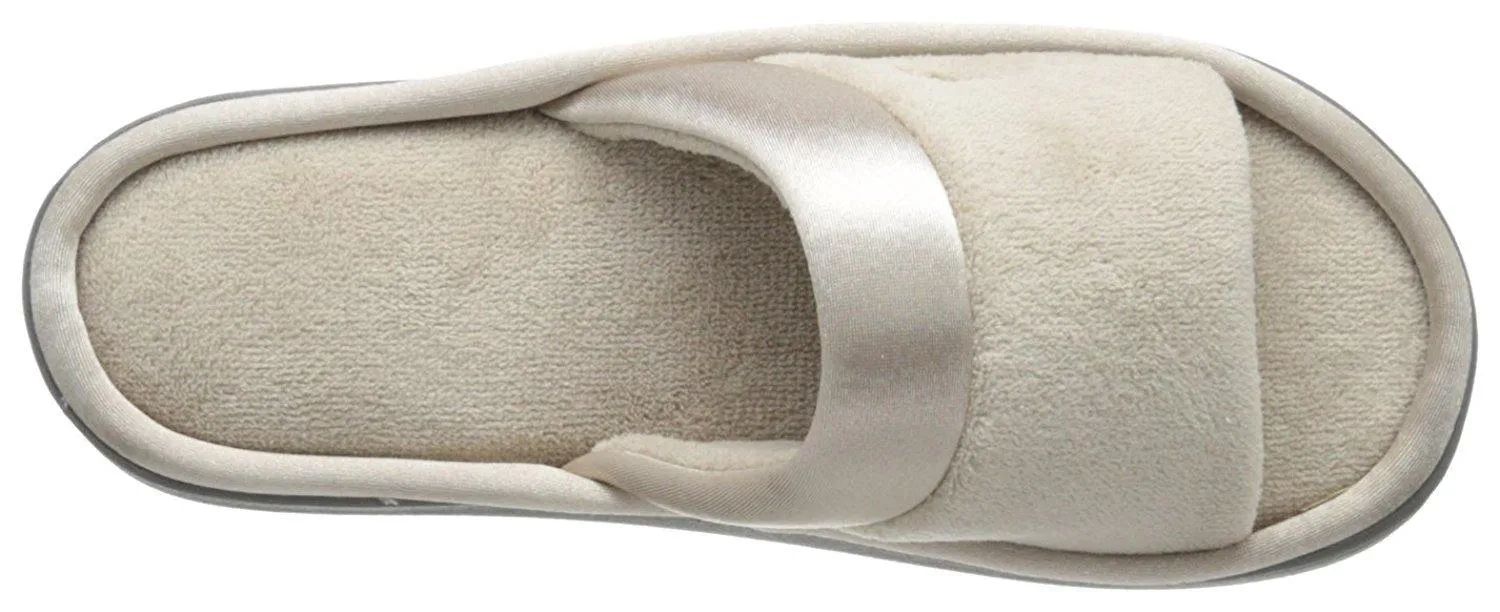 Totes isotoner Women's Microterry Slide Slipper with Satin Trim, Stone, 6.5/7