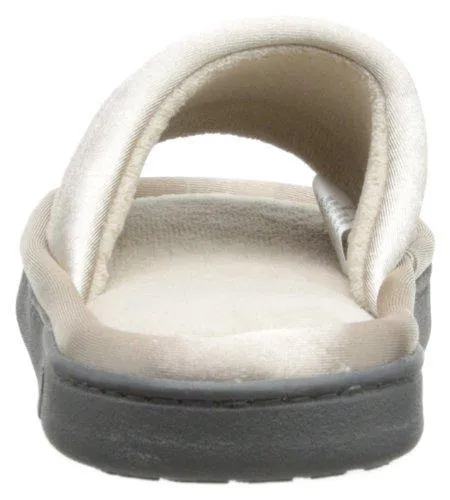 Totes isotoner Women's Microterry Slide Slipper with Satin Trim, Stone, 6.5/7