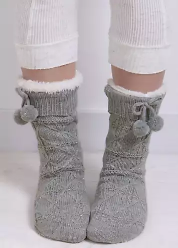 Totes Ladies Cable Knit Pom Pom Slipper Socks in Grey | Kaleidoscope