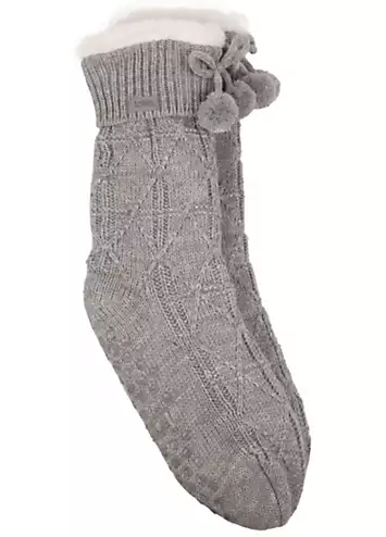 Totes Ladies Cable Knit Pom Pom Slipper Socks in Grey | Kaleidoscope