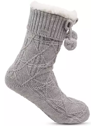 Totes Ladies Cable Knit Pom Pom Slipper Socks in Grey | Kaleidoscope