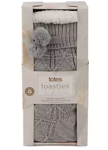 Totes Ladies Cable Knit Pom Pom Slipper Socks in Grey | Kaleidoscope