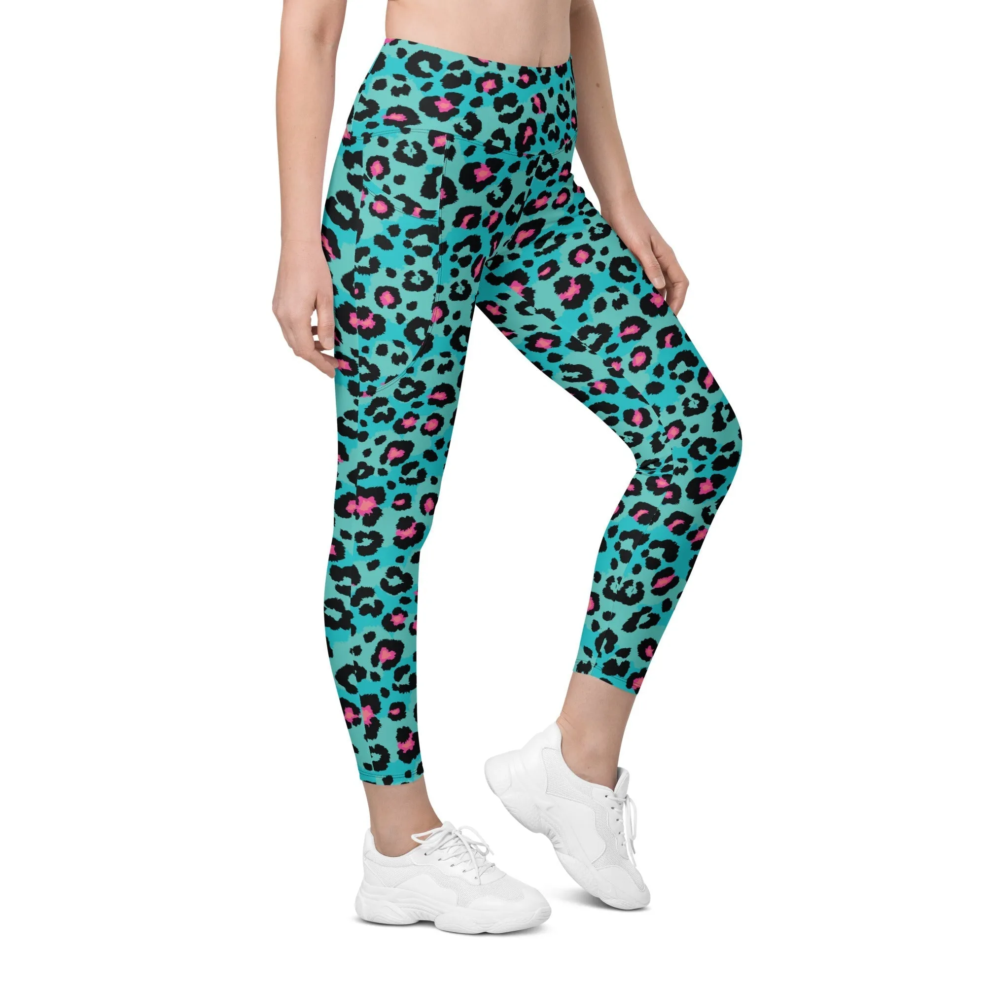 Turquoise Leopard Print Leggings With Pockets