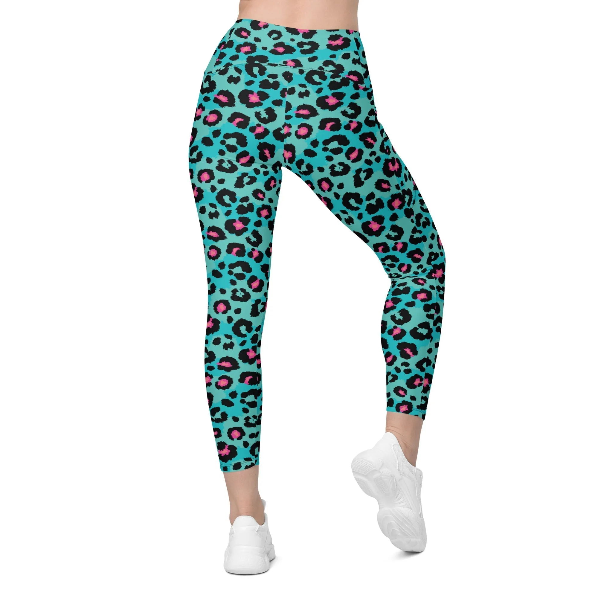 Turquoise Leopard Print Leggings With Pockets