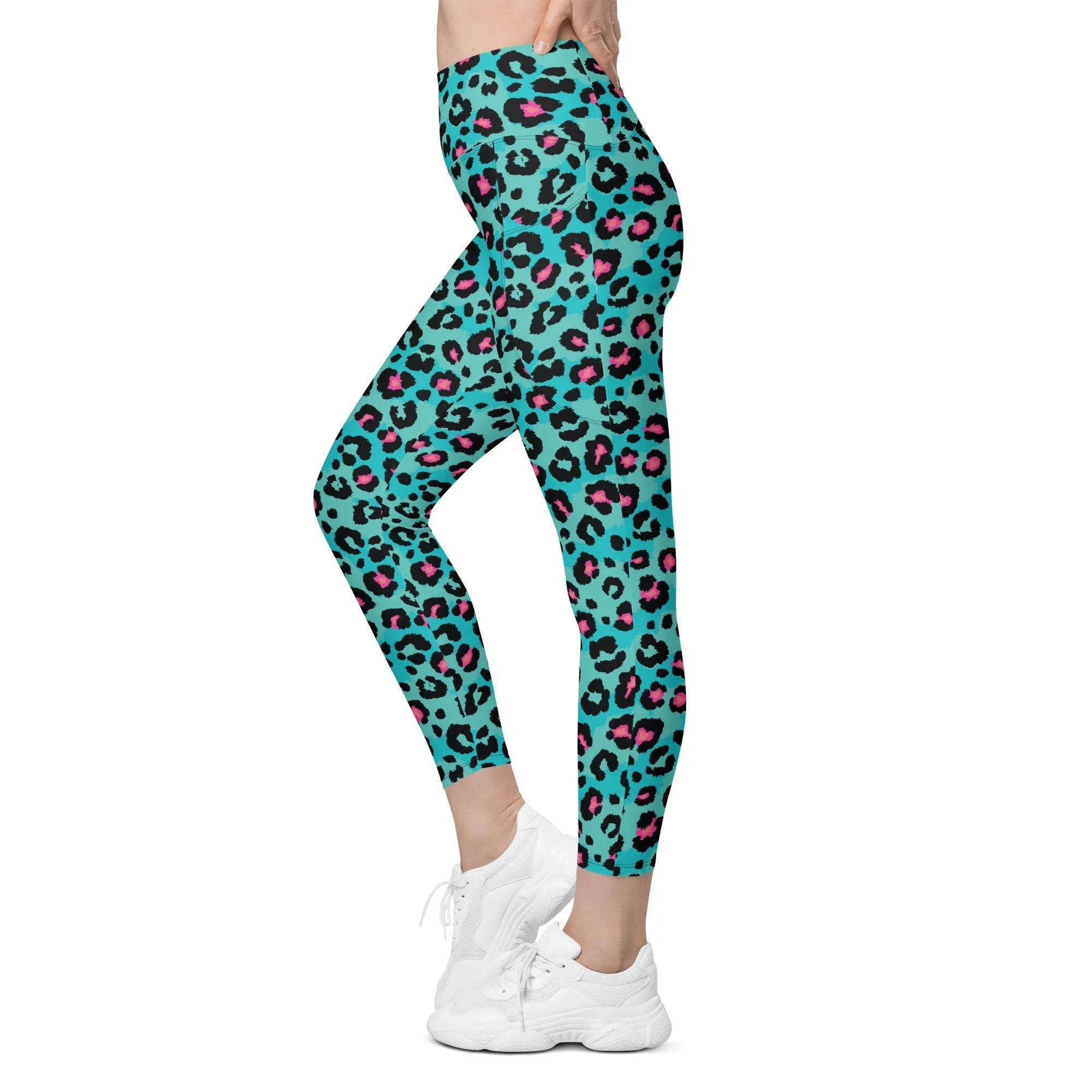 Turquoise Leopard Print Leggings With Pockets