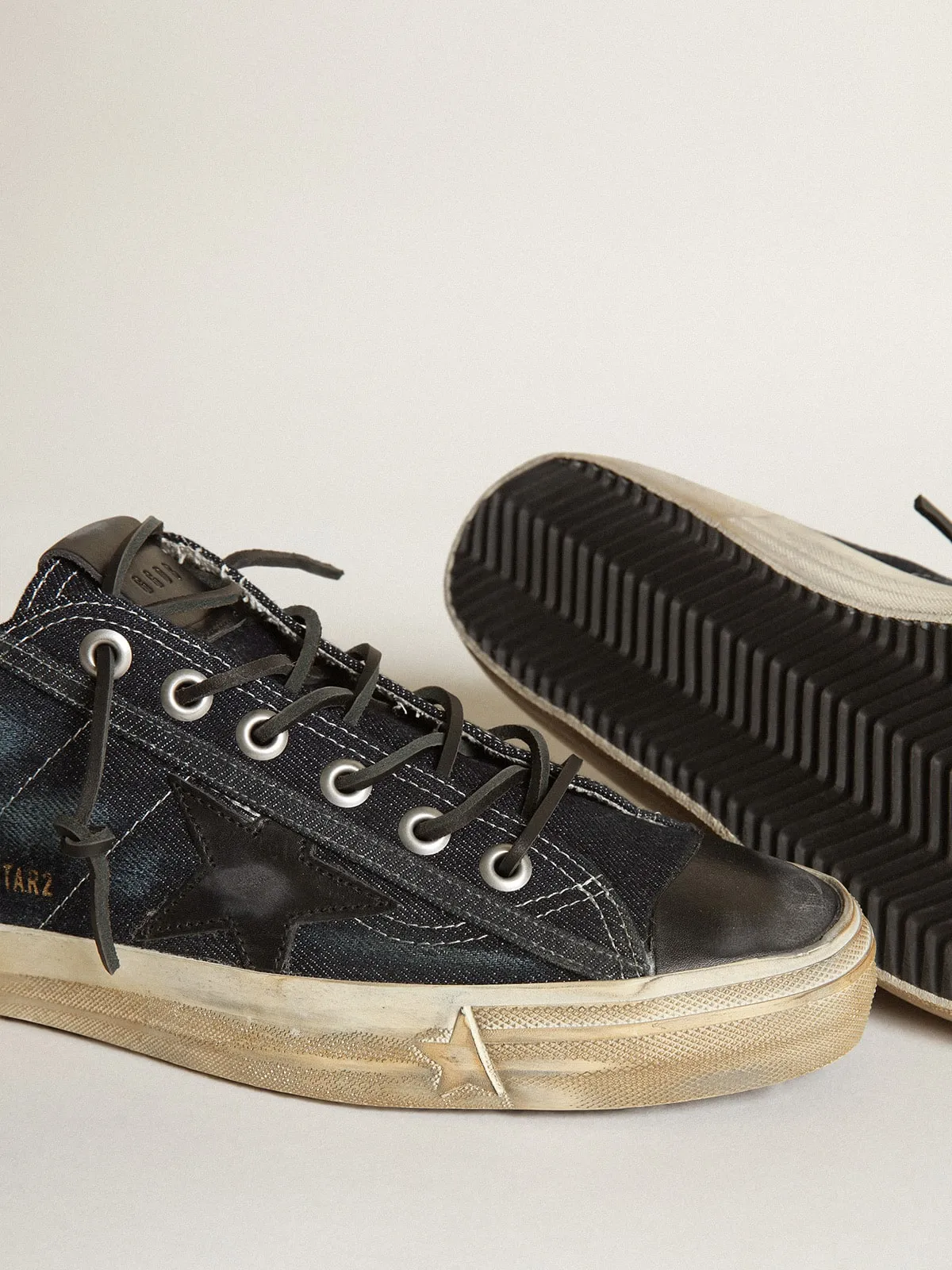 V-Star sneakers in midnight-blue denim with black leather star and toe